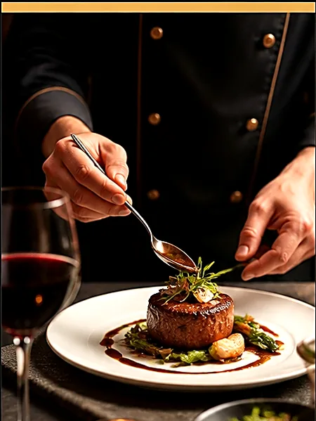 A chef finishing a plated fillet with a spoon, wine glass and candle alongside.